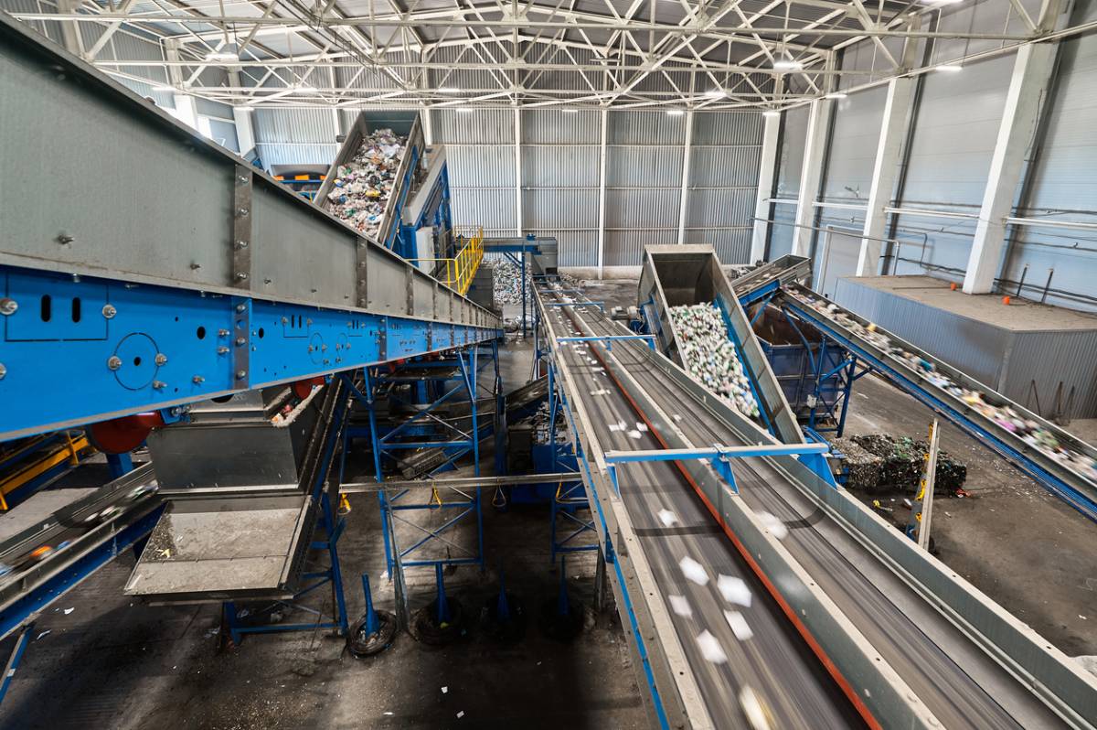 Conveyor belt transports sorted litter at plant.